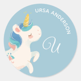 Unicorn: Alphabet Monogram Niedlich School Daycare Runder Aufkleber