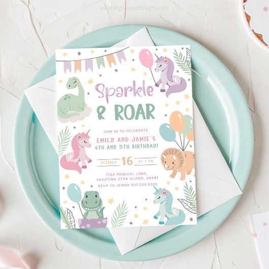 Unicorn and Dinosaur Invitations. Editable Digital Einladung