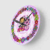 Unicorn and Fairy Whimsical Folk Art Girl's Runde Wanduhr (Winkel)