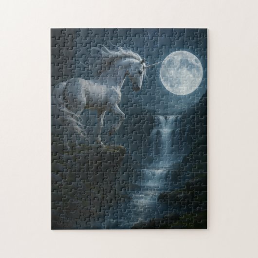 Unicorn and moonlit waterfall - stunning puzzle (Vertikal)