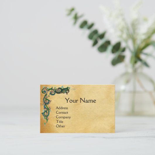 UNICORN/Antique Floral Brown Parchment Monogramm Visitenkarte (Stehend Vorderseite)