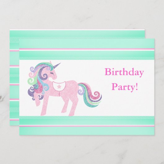 UNICORN AQUA PINK BIRTHDAY PARTY EINLADUNG (Vorne/Hinten)