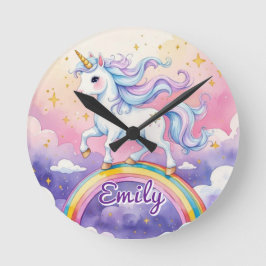 Unicorn auf Rainbow Editable Name Clock Runde Wanduhr