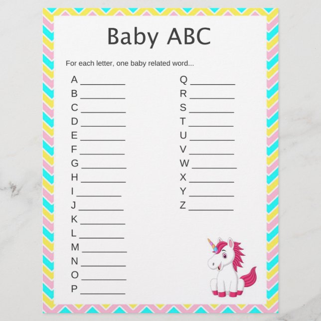 Unicorn Baby ABC Baby Shower Game (Vorderseite)