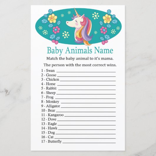 Unicorn Baby Animals Name Game (Vorderseite)