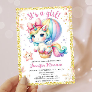 Unicorn Baby Dusche Blütendusche Girl Pink & Gold Einladung
