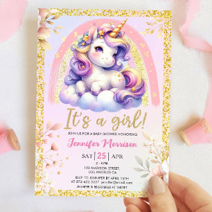 Unicorn Baby Dusche Es ist ein Girl Pink & Gold Einladung