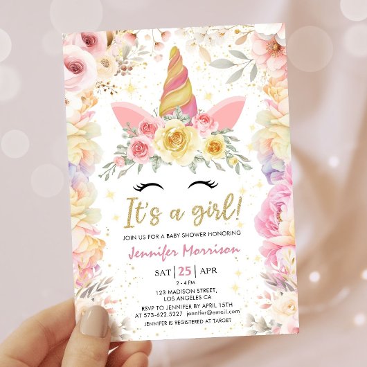 Unicorn Baby Dusche Gold Blush Pink Girl Floral Einladung