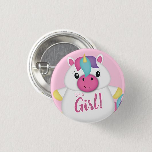 Unicorn Baby Dusche Rosa Button (Vorne & Hinten)