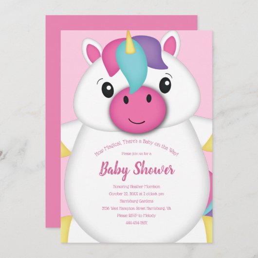 Unicorn Baby Dusche Rosa Einladung (Vorne/Hinten)