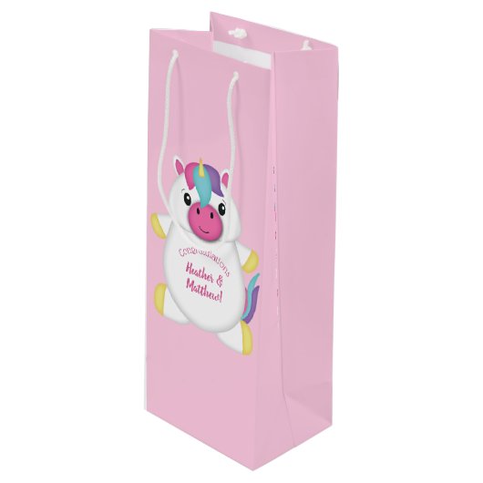 Unicorn Baby Dusche Rosa Geschenktüte Für Weinflaschen (Vorderseite Schrägansicht)