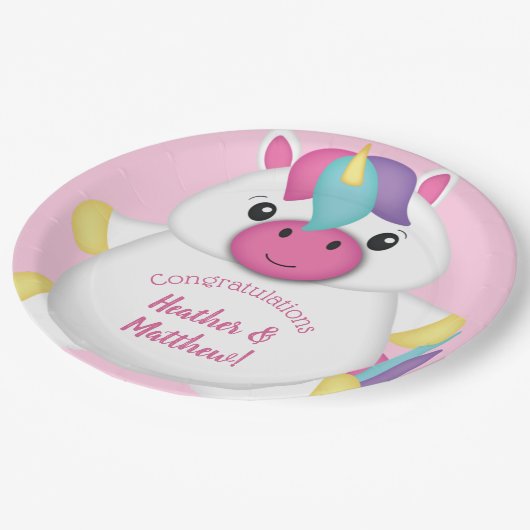 Unicorn Baby Dusche Rosa Pappteller (Schrägansicht)