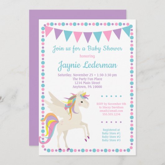 Unicorn Baby Duwer Invitation Geschlecht neutral Einladung (Vorne/Hinten)