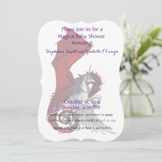 Unicorn Baby Shower Einladung Red Dragon (Stehend Vorderseite)