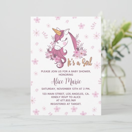 Unicorn Baby Shower Girl Pink Blumenladen Einladung (Stehend Vorderseite)