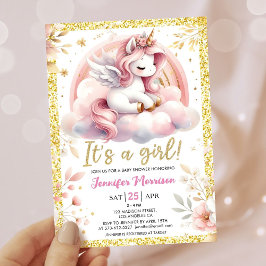 Unicorn Baby Shower Girl Pink & Gold Fee Einladung