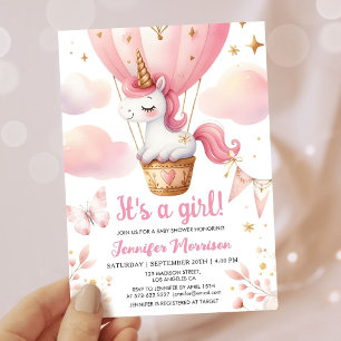 Unicorn Baby Shower Girl Pink Hot Air Ballon Einladung