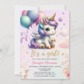 Unicorn Baby Shower Girl Pink Lila Balloons Einladung (Vorderseite)