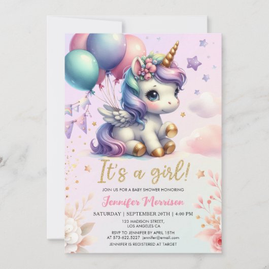 Unicorn Baby Shower Girl Pink Lila Balloons Einladung (Vorderseite)