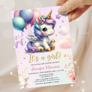Unicorn Baby Shower Girl Pink Lila Balloons Einladung