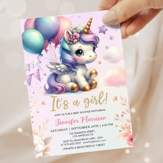 Unicorn Baby Shower Girl Pink Lila Balloons Einladung