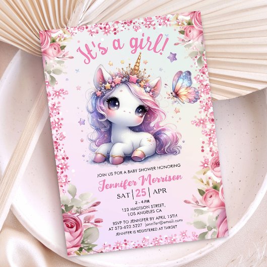 Unicorn Baby Shower Girl Pink Lila Blüte Niedlich Einladung