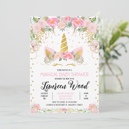 Unicorn Baby Shower Invitation Einladung (Stehend Vorderseite)