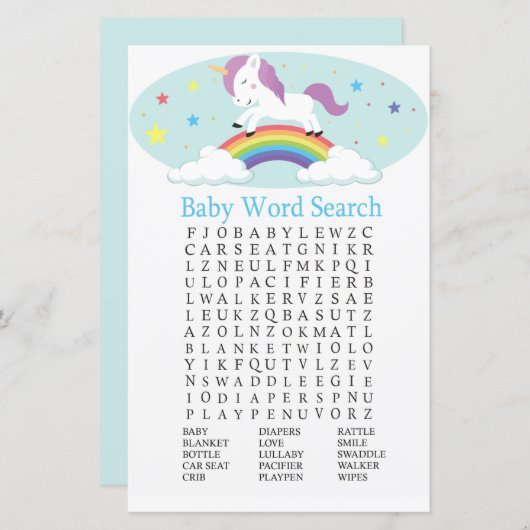 Unicorn Baby Shower Word Search Game (Vorne/Hinten)
