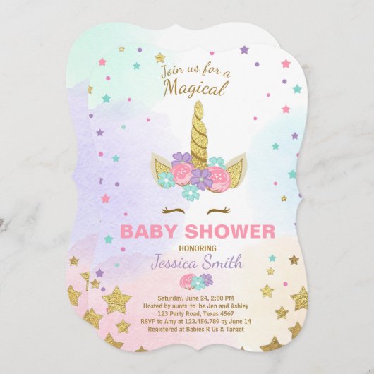 Unicorn Babydusche Einladung Pink Gold Magical (Vorne/Hinten)