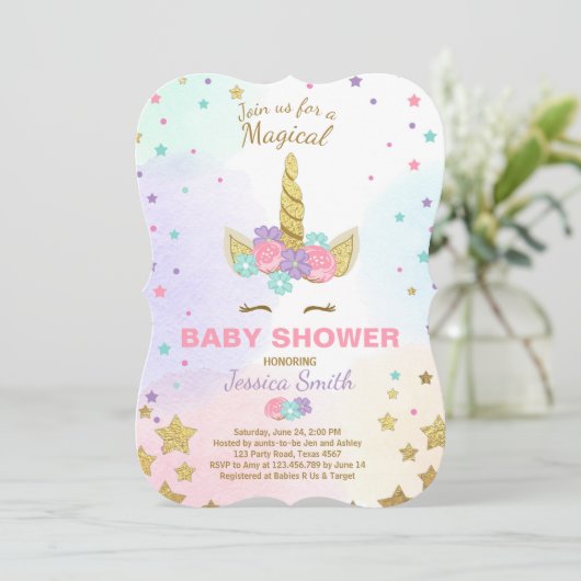 Unicorn Babydusche Einladung Pink Gold Magical (Stehend Vorderseite)