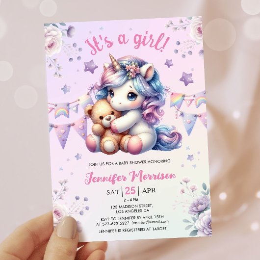 Unicorn Babydusche Es ist eine Girl Floral Waterco Einladung