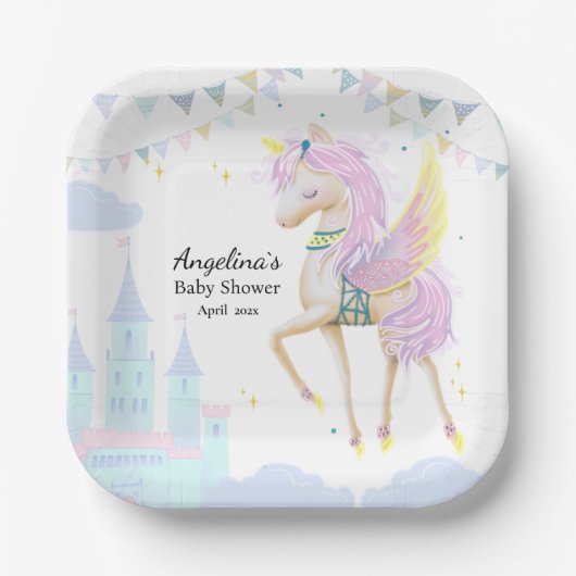 Unicorn Babydusche Papierplatte. Pappteller (Vorderseite)