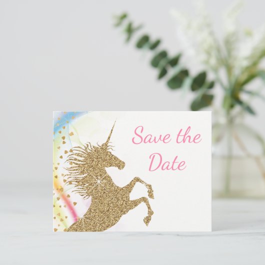 Unicorn Babydusche Save the Date Postkarten (Stehend Vorderseite)