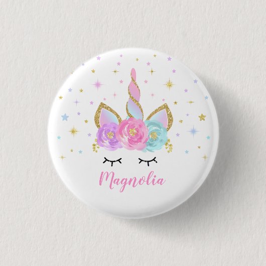 Unicorn Badge Unicorn Favor Party Pin Pink & Gold Button (Vorderseite)