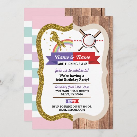 Unicorn & Baseball Joint Boy Girl Birthday Sports Einladung (Vorne/Hinten)