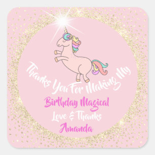 Unicorn Birthay Party Pink Dank Gold Park Quadratischer Aufkleber