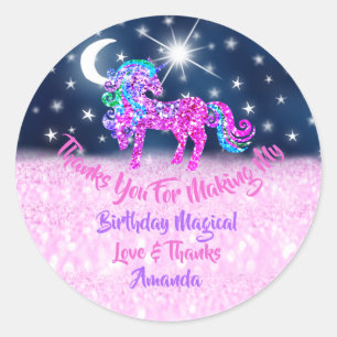 Unicorn Birthday Blue Navy Pink dank Stars Magic Runder Aufkleber