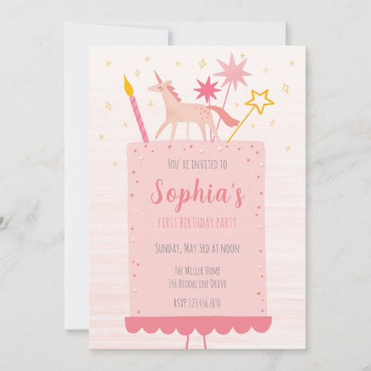 Unicorn Birthday Cake Einladung (Vorderseite)