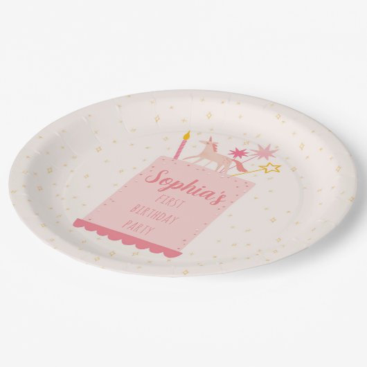 Unicorn Birthday Cake Pappteller (Schrägansicht)