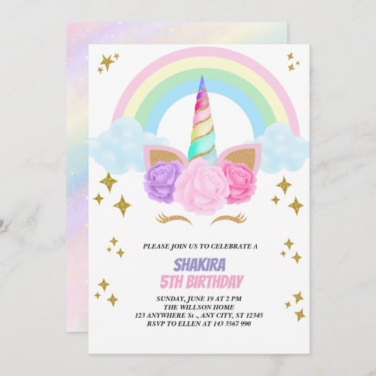 Unicorn Birthday Einladung (Vorne/Hinten)