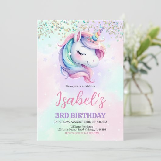 Unicorn Birthday Einladung (Stehend Vorderseite)