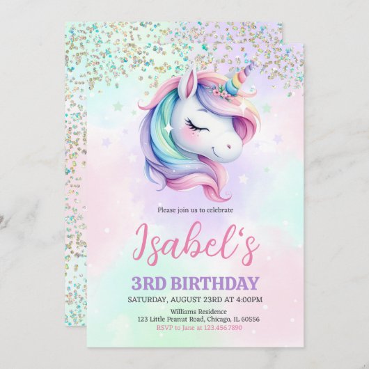 Unicorn Birthday Einladung (Vorne/Hinten)