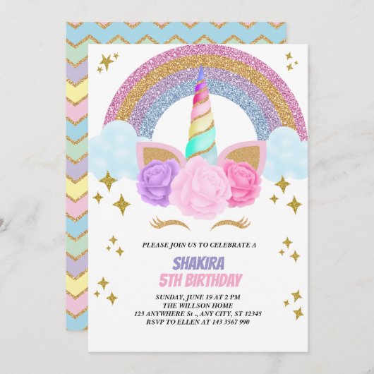 Unicorn Birthday Einladung (Vorne/Hinten)