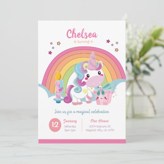 Unicorn Birthday Einladung Rainbow Party (Stehend Vorderseite)