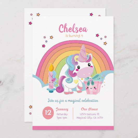 Unicorn Birthday Einladung Rainbow Party (Vorne/Hinten)