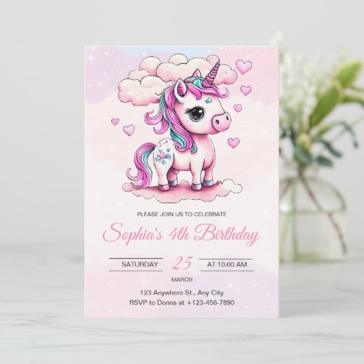 Unicorn Birthday Einladung Rainbow Unicorn Girls (Stehend Vorderseite)