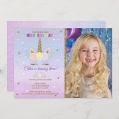Unicorn Birthday Foto Einladung Rosa Lila Gold (Vorne/Hinten)