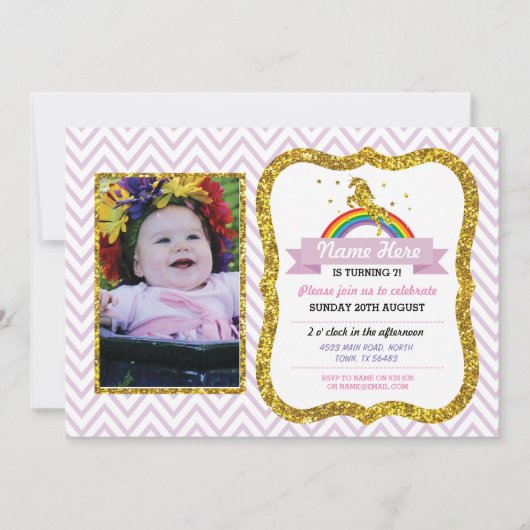 Unicorn Birthday Foto Party Einladung Gold Glitzer (Vorderseite)
