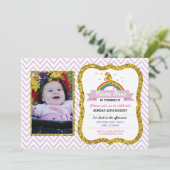 Unicorn Birthday Foto Party Einladung Gold Glitzer (Stehend Vorderseite)