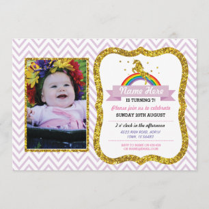Unicorn Birthday Foto Party Einladung Gold Glitzer